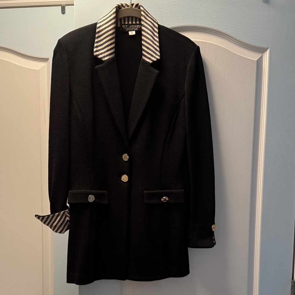St. John Black Blazer with Striped Collar